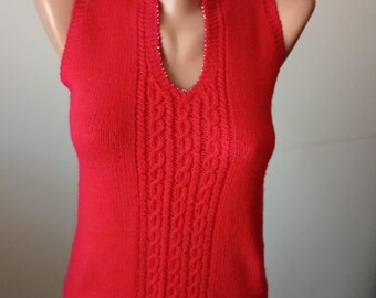Vintage 90s Red Wool Cable Knit Vest | Beaded Neck, XXS/XS