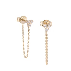 Trio Diamond Earring | Gold Beaded Chain Earring Studs, 14k Minimalist Earrings, Diamond Chain Piercings, Dainty Necklace, Gift For Daughter