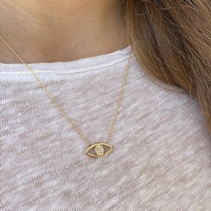 Gold Necklace | Evil Eye 14K Gold Necklace with Diamonds, Good Luck Charm Necklace, Evil Eye Pendant, Dainty Necklace, Birthday Gift For Her