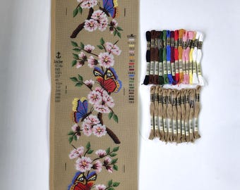 Kit de bordado de mariposas y flores, lienzo gobelino estampado, 25 hilos DMC