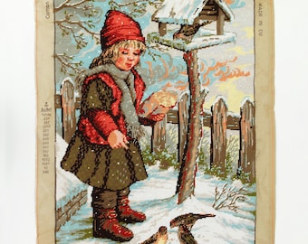 Tapiz de punto de cruz cosido a mano: Niña y pájaros, listo para enmarcar (60 x 80 cm)