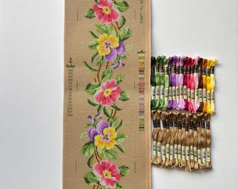 Kit de gobelino floral multicolor, lienzo gobelino estampado, hilos DMC Mouline.