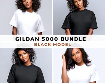 May include: Four images of a person wearing Gildan 5000 t-shirts in white and black. The text "GILDAN 5000 BUNDLE BLACK MODEL" is displayed across the center of the image. The t-shirts have short sleeves and a crew neck.