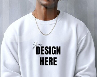 May include: A white crew neck sweatshirt with the text "Your DESIGN HERE" in black. The model is wearing a gold chain necklace. The sweatshirt is a blank canvas for custom designs.