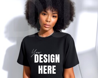 Gildan 5000 Black T-Shirt Mockup: African American Black Model, Minimalist Style (JPEG)