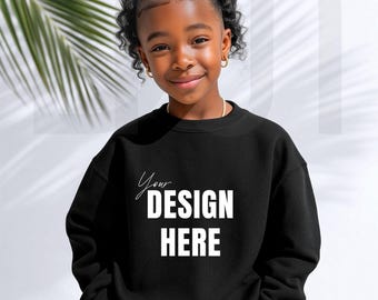 Youth Black Sweatshirt Mockup: Gildan 18000B Crewneck (Digital Download)