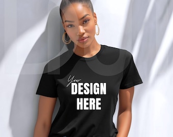 Gildan 5000 Black T-Shirt Mockup: African American  Female Model Mockup Minimalist Modern Style