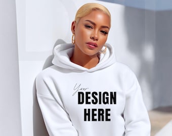 White Gildan 18500 Hoodie Mockup: POD, African American Model (Digital Download JPEG File)