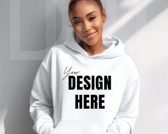 Gildan 18500 White Hoodie Mockup: African American Black Female Model Mockup, Minimalist POD Display