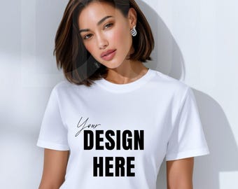 Gildan 5000 White T-Shirt Mockup: Female Model (Digital Download JPG 5000x5000px)