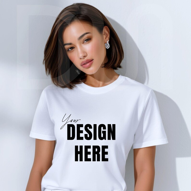 May include: White crew neck t-shirt with the text "Your DESIGN HERE" in black. The shirt is short-sleeved and appears to be made of a soft material. The design is centered on the front of the shirt.