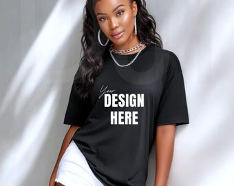Gildan 5000 Black T-shirt Mockup: African American Model, POD (Digital Download JPEG File)