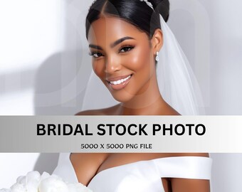 May include: A smiling bride with dark hair styled in a bun, wearing a sparkling tiara and veil. She is holding a bouquet of white flowers and wearing a white off-the-shoulder dress. The image has the text "BRIDAL STOCK PHOTO".