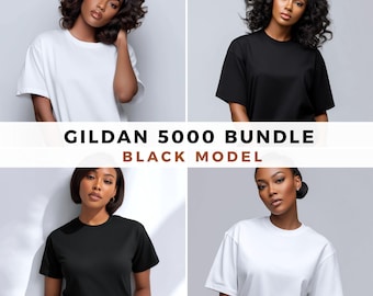 May include: Four images of a person wearing Gildan 5000 t-shirts in white and black. The text "Gildan 5000 Bundle Black Model" is displayed in the center of the image. The t-shirts have short sleeves and a crew neck.