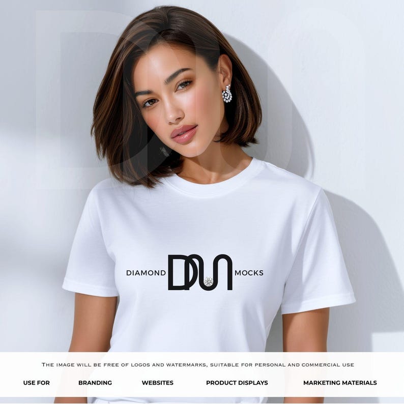 May include: A white t-shirt with the text "DIAMOND MOCKS" in black. The image features a woman wearing the shirt. The text at the bottom states the image is free of logos and watermarks, suitable for personal and commercial use.