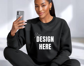 Black Sweatshirt Mockup: Minimalist Design, African American Model (JPEG)