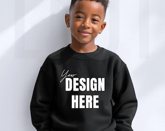 Youth Black Sweatshirt Mockup: Gildan 18000B Crewneck ( JPEG Digital Download)