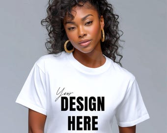 Gildan 5000 White T-shirt Mockup: African American Black Woman Mockup ( Digital Download JPG File)
