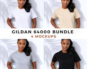 May include: Four t-shirts in white, beige, gray, and black are displayed. The text "GILDAN 64000 BUNDLE 4 MOCKUPS" is centered below the shirts. Each shirt is modeled by a person with dark hair.