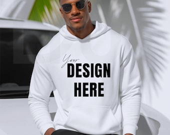 Gildan 18500 White Hoodie Mockup: African American Black Model, Minimalist Style (JPEG)