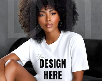 May include: White t-shirt with the text "Your DESIGN HERE" in a bold, black font. The shirt is a crew neck style. The model is wearing the shirt.