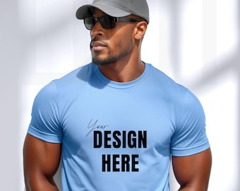 May include: Light blue crew neck t-shirt with the text "Your DESIGN HERE" in black. The image also shows a gray baseball cap and black sunglasses.