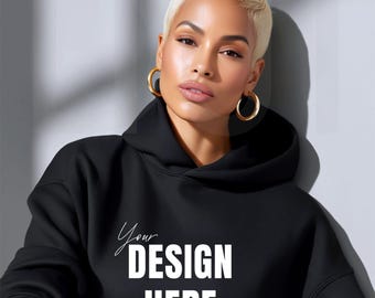 Gildan 18500 Black Hoodie Mockup: African American Model, Minimalist POD Display (JPEG File)