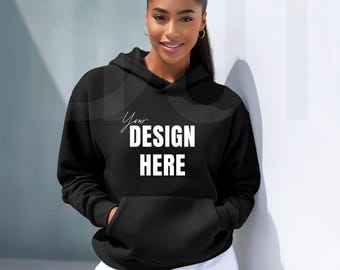 Gildan 18500 Black Hoodie Mockup: Black Female Model, Minimalist POD Display