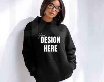 Gildan 18500 Black Hoodie Mockup: Female Model Minimalist Modern Style (Digital Download JPEG File)