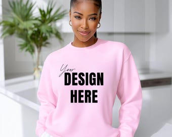 Gildan 18000 Light Pink Sweatshirt Mockup: African American Model, POD (Digital Download JPEG)