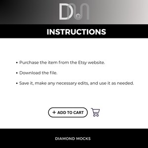 May include: A black and white graphic with the text "INSTRUCTIONS" and bullet points detailing how to purchase, download, and use a file from Etsy. Includes an "ADD TO CART" button and a shopping cart icon. The Diamond Mocks logo is at the bottom.