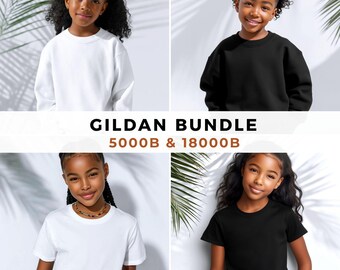 May include: A four-panel image featuring young girls wearing white and black Gildan apparel. The top left shows a girl in a white sweatshirt, the top right in a black sweatshirt, the bottom left in a white t-shirt, and the bottom right in a black t-shirt. The text "GILDAN BUNDLE 5000B & 18000B" is displayed.