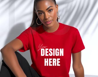 Gildan 5000 Red T-Shirt Mockup: African American Model, Minimalist Style, POD (JPEG File)