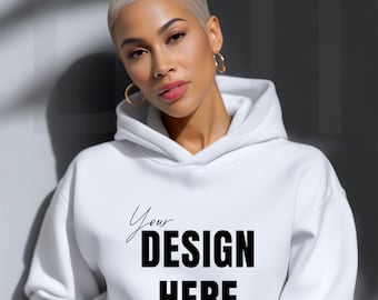 Gildan 18500 White Hoodie Mockup: African American Model, Minimalist POD Display (JPEG File)