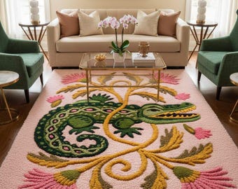Handgetufteter Floraler Krokodilteppich, Rosa Botanischer Teppich, Handgemachter Statement Teppich, Modernes Wohnzimmerdekor