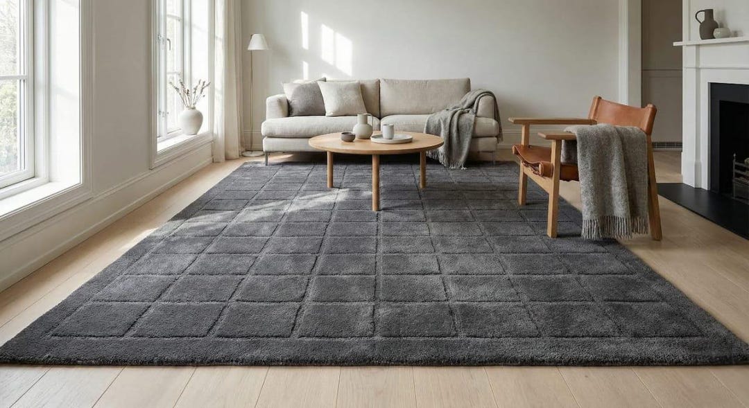 Grey Square Tufted Area Rug, Modern Grid Pattern Rug for Living Room ...