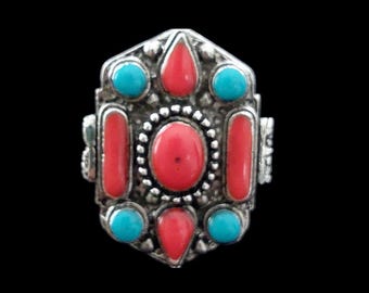 Silver Coral & Turquoise Ring