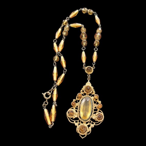 Vintage Art Deco Amber Colored Pendant Necklace