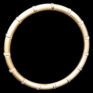 K&ouml;nnte beinhalten: Ein goldfarbenes Armreif-Armband mit Bambus-Design. Das Armband hat Segmente, die durch silberfarbene B&auml;nder getrennt sind. Das Armband ist kreisf&ouml;rmig und vor einem schwarzen Hintergrund platziert.