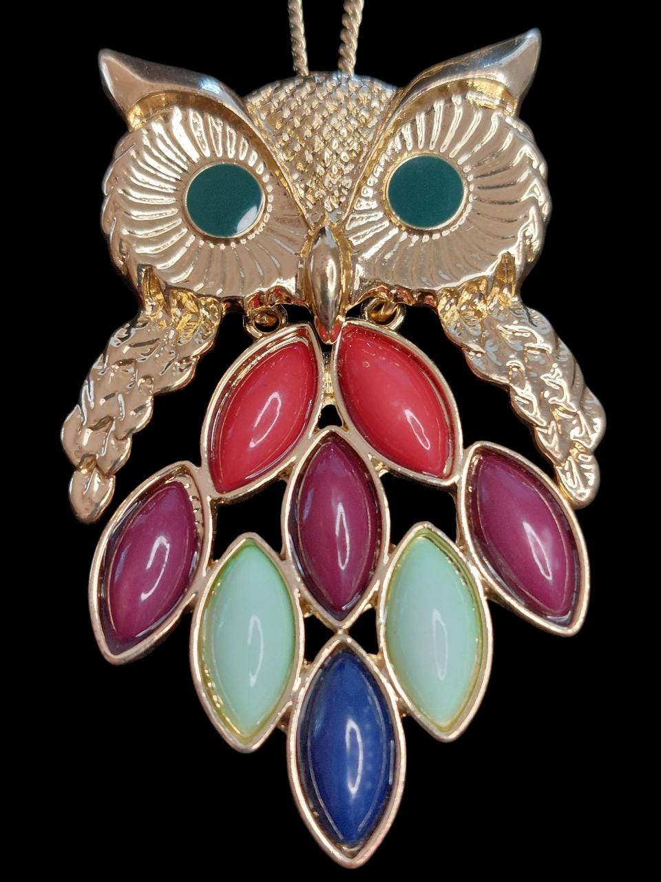Vintage Gold-Tone Multi-Colored Cabochon Stone Owl Pendant Necklace