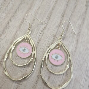 Evil Eye Pink Earrings, Charm Jewelry Gift, Dangle Earrings, Protection Symbol, Blue Eye Accessories