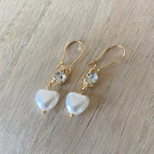Clear Gemstone, Heart Pearl Gold Hoop Earrings, Elegant Statement Jewelry, Classic Earrings, Gift For Her
