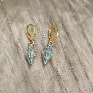 Blue Shell Charm Hoop Earrings: Dainty Huggie Jewelry