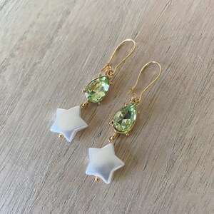 Pale Green Gemstone, Star Pearl Gold Hoop Earrings, Elegant Statement Jewelry, Classic Earrings, Gift For Her