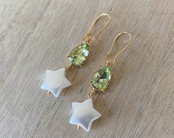 Pale Green Gemstone, Star Pearl Gold Hoop Earrings, Elegant Statement Jewelry, Classic Earrings, Gift For Her