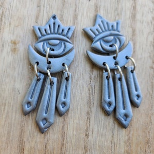 Unique Silver Eye Polymer Clay Earrings, Crystal Accents, Handcrafted Dangle Earrings, Statement Jewelry