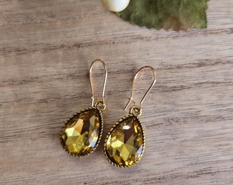Yellow TearDrop Gemstone Gold Dangle Earrings, Elegant Statement Jewelry, Classic Earrings, Gift For Her