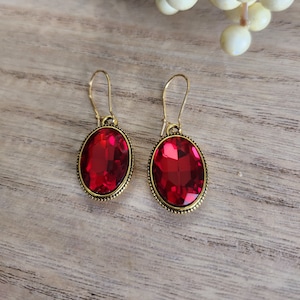 Red Gemstone Gold Dangle Earrings, Elegant Statement Jewelry, Classic Earrings, Gift For Her