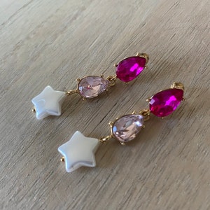 Hot Pink Gemstone, Star Pearl Gold Hoop Earrings, Elegant Statement Jewelry, Classic Earrings, Gift For Her