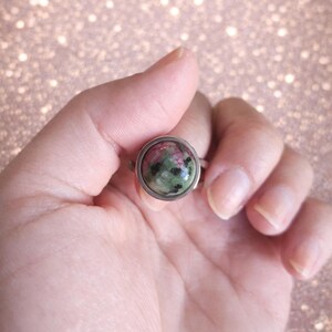 Elegant Ruby Zoisite Stone Silver Ring: Adjustable Minimalist Band